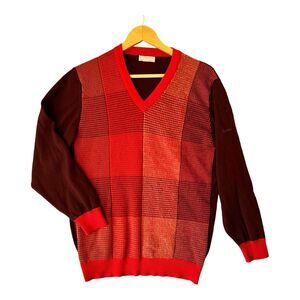 Plaid Italian Wool Knit Sweater Siren Red Medium Academia Preppy Holiday Goth